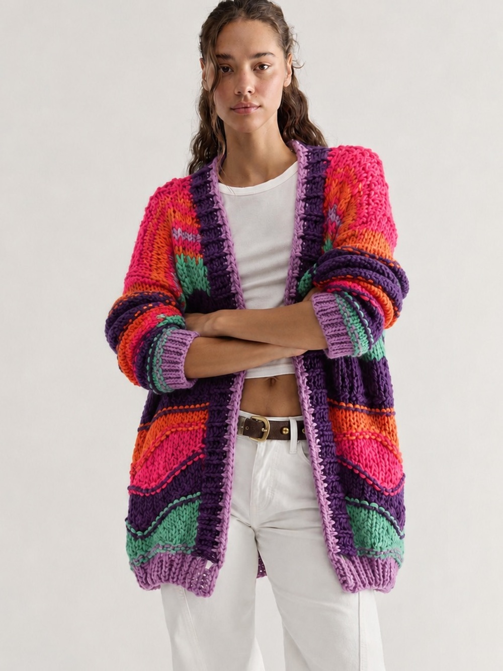 Vibrant Purple & Pink Chunky Open-Front Cardigan